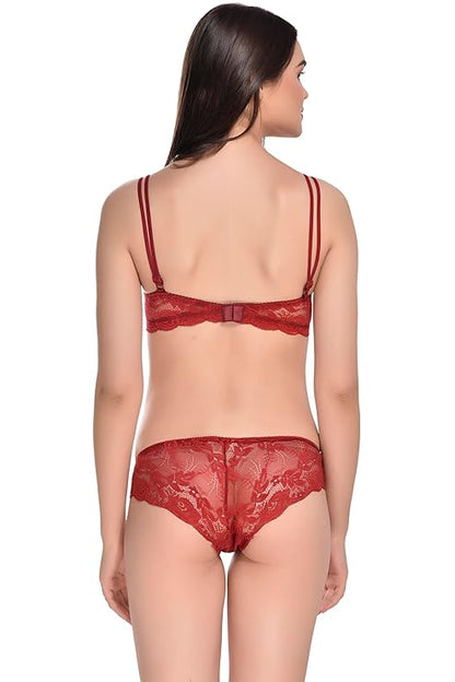 Bra & Panty Set Self Design Maroon Lingerie Set