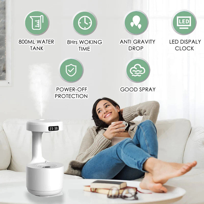 The Illusion Anti-Gravity Humidifier with Floating Water Effect, LED Clock Display & Auto Shut-Off (800ml)