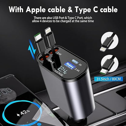 Retractable Car Charger, 4 in 1 Fast Charging Car Charger