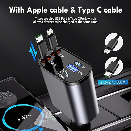 Retractable Car Charger, 4 in 1 Fast Charging Car Charger
