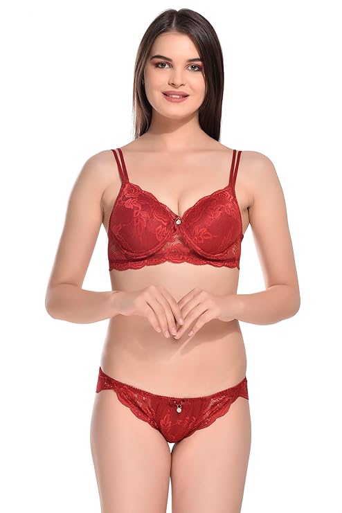 Bra & Panty Set Self Design Maroon Lingerie Set